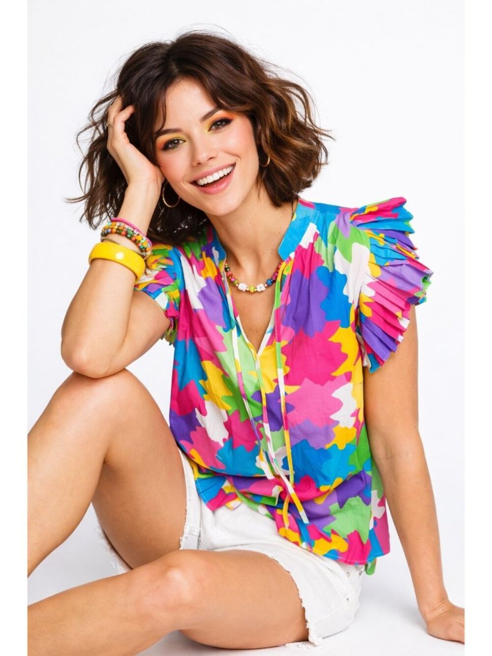 NWT Colorful Artsy Boho Pleated Sleeve Womens Top By Peach Love California L